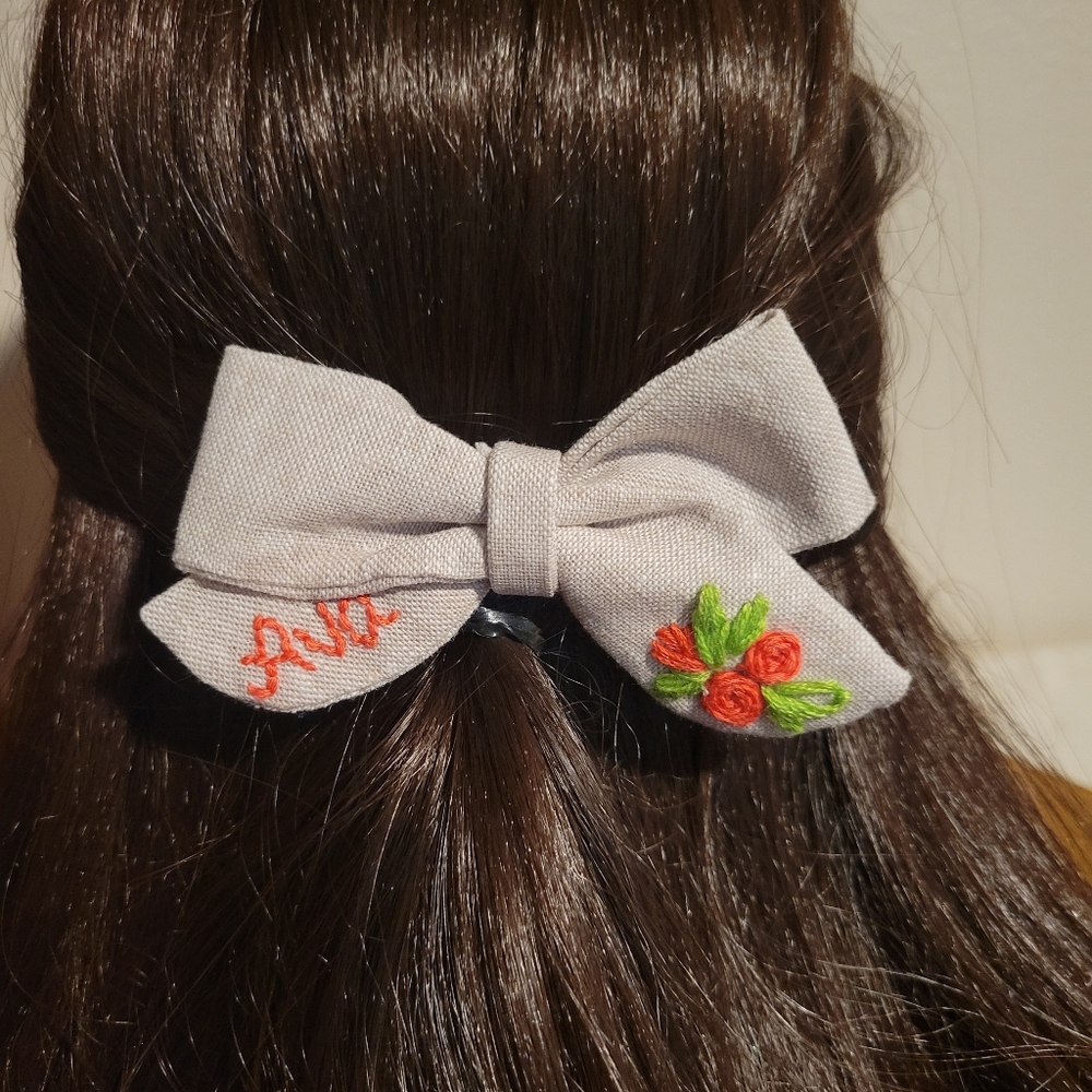 Personalized Girls Hair bow Clip hand embroidered